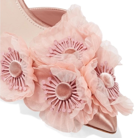 Miu Miu Floral Frill Silk Velvet Button Pointed Toe Kitten Heels Pumps Pink 39 - Picture 2 of 16